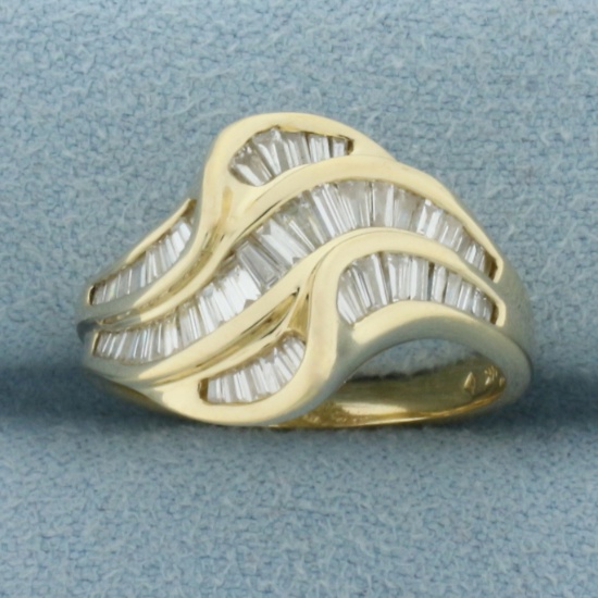 Baguette Diamond Wave Design Ring In 14k Yellow Gold