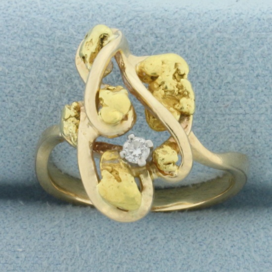 Diamond Abstract Design Nugget Ring In 14k Yellow Gold Mounting With 24k Gold Nuggets
