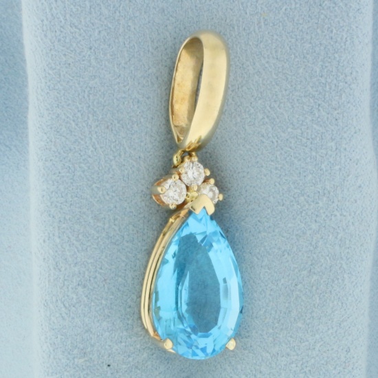 15ct Large Swiss Blue And Diamond Pendant In 14k Yellow Gold