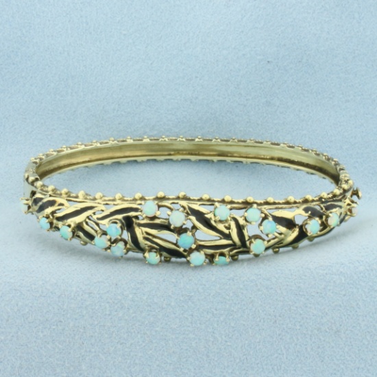 Antique Enamel Hinged Opal Bangle Bracelet In 14k Yellow Gold