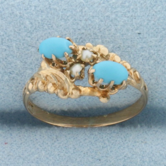 Vintage Persian Turquoise And Seed Pearl Ring In 10k Yellow Gold
