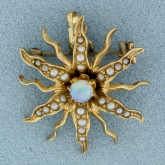 Antique Opal And Seed Pearl Sunburst Pendant Or Brooch In 14k Yellow Gold