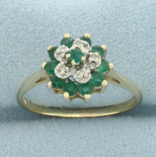 Emerald And Diamond Flower Ring In 10k Yellow Gold