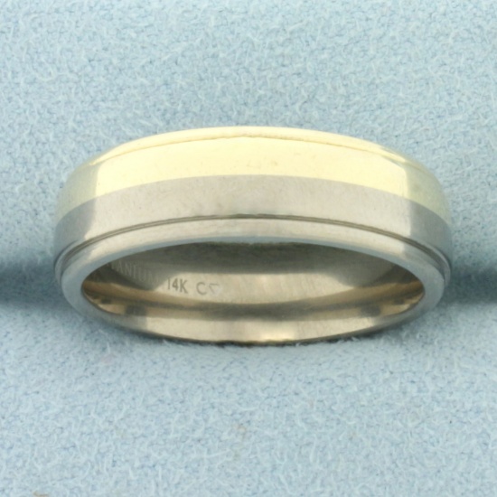 Comfort Fit Titanium And 14k Gold Mens Wedding Band Ring