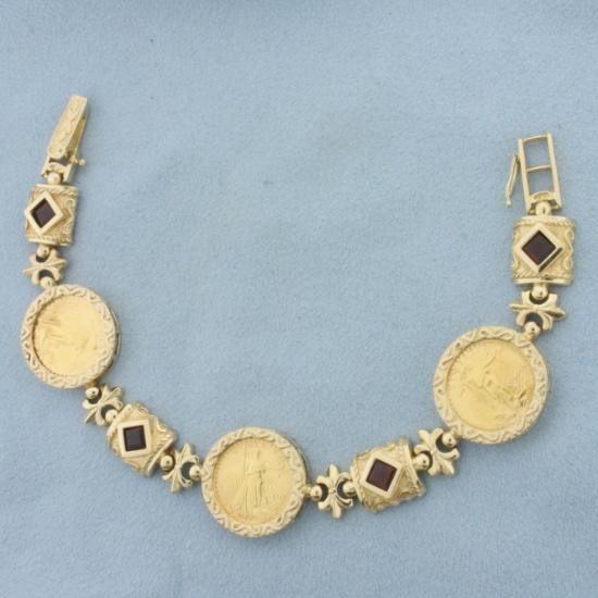 Gold Eagle Bullion Coin And Garnet Bracelet In 14k Yellow Gold