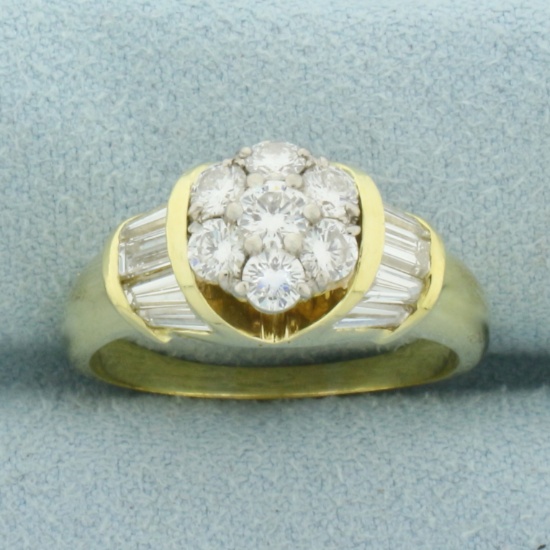 Round And Baguette Diamond Flower Ring In 18k Yellow Gold