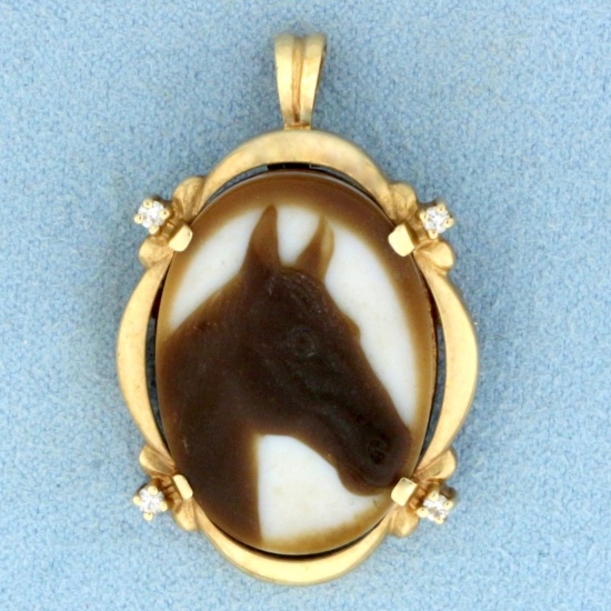 Diamond Horse Cameo Pendant Or Brooch In 10k Yellow Gold