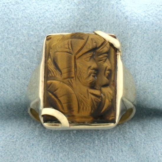 Carved Spartan Soldier Tiger's Eye Ring In 14k Yellow Gold