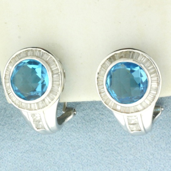 Checkerboard Cut Swiss Blue Topaz And Diamond Earrings In 18k White Gold