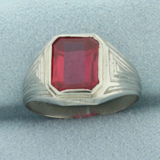Mens Vintage Lab Ruby Ring In 10k White Gold