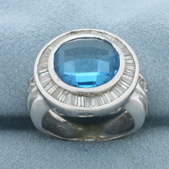 Checkerboard Cut Swiss Blue Topaz And Diamond Ring In 18k White Gold