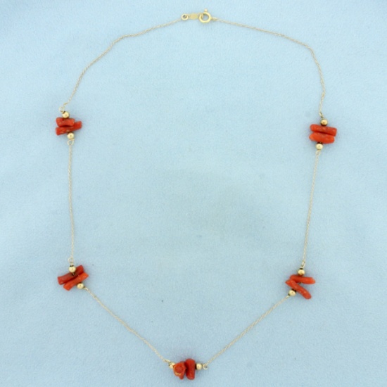 Red Coral Station Necklace In 14k Yellow Gold