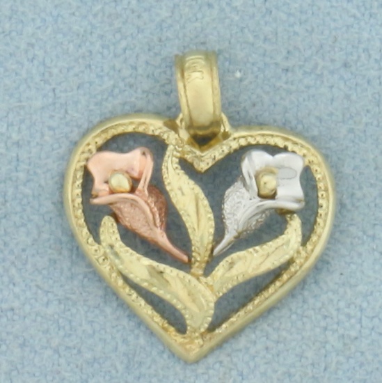 Tri-color Gold Flower Heart Pendant In 10k Yellow, Rose, And White Gold
