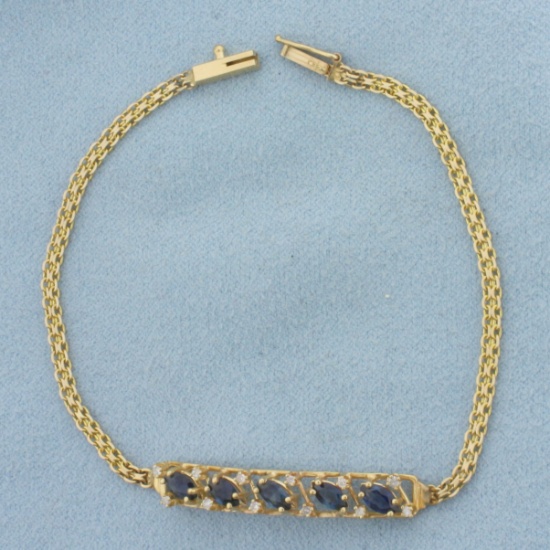 Vintage Sapphire And Diamond Bar Bracelet In 14k Yellow Gold
