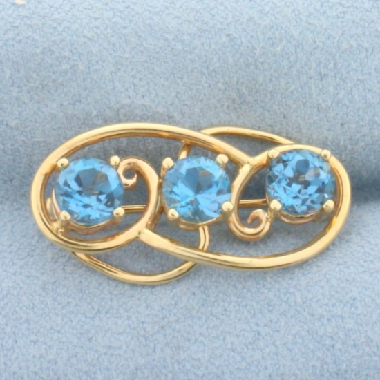 Vintage Swiss Blue Topaz Brooch In 14k Yellow Gold