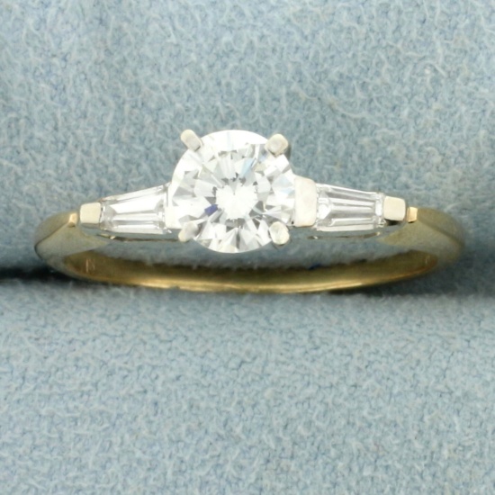 Round And Baguette Diamond Engagement Ring In 14k Yellow And White Gold