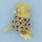 Italian Made Lapis, Ruby, And Diamond Bird Pin In 18k Yellow Gold