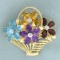 Rainbow Gemstone And Diamond Flower Basket Brooch In 14k Yellow Gold