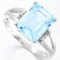 Emerald Cut Blue Topaz & Diamond Split Shank Ring In Sterling Silver