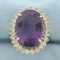 Large Amethyst And Diamond Halo Princess Diana Ring In 14k Yellow Gold