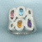 Rainbow Gemstone And Diamond Halo Ring In 18k White Gold