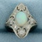 Antique Opal And Old European Diamond Filigree Ring In 18k White Gold