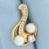 Diamond And Akoya Pearl Pendant In 14k Yellow Gold