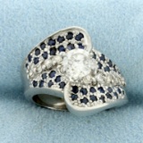 Vintage Natural Sapphire And Diamond Engagement Ring In 14k White Gold
