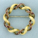Antique Hand Painted Braided Circle Pin In 18k Yellow Gold