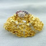 Designer Pinecone Ruby, Sapphire And Diamond Flower Brooch In 18k Yellow Gold