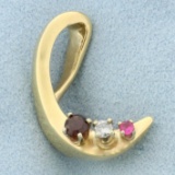 Abstract Designer Diamond Garnet And Topaz Swoosh Pendant In 14k Yellow Gold