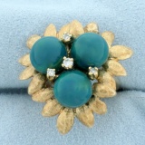 Jade And Diamond Flower Ring In 14k Yellow Gold