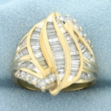 Designer Baguette And Round Diamond Statement Ring In 14k Yellow Gold
