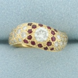 Flush Set Ruby And Diamond Ring In 14k Yellow Gold