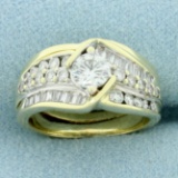 Vintage Round And Baguette Diamond Engagement Ring In 14k Yellow And White Gold