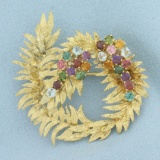 Vintage Rainbow Gemstone Wreath Brooch In 18k Yellow Gold
