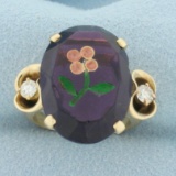 Hand Painted Amethyst And Diamond Flower Ring In 14k Yellow Gold