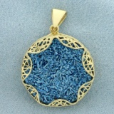 Blue Druzy Quartz Disc Pendant In 14k Yellow Gold
