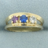Three Stone Lab Sapphire Ring In 14k Yellow Gold