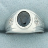 Mens Teal Sapphire And Old European Cut Diamond Ring In 14k White Gold