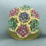 Italian Sapphire Ruby And Emerald Flower Ring In 18k Yellow Gold