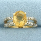 Citrine And Diamond Split Shank Ring In 14k Yellow Gold