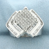 Round And Baguette Diamond Statement Ring In 14k White Gold