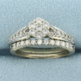 Diamond Flower Design Engagement And Wedding Ring Bridal Set In 10k White Gold