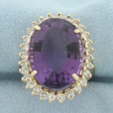 Large Amethyst And Diamond Halo Princess Diana Ring In 14k Yellow Gold