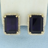 Large Amethyst And Diamond Halo Earrings In 14k Yellow Gold