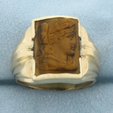 Mens Vintage Carved Tiger's Eye Cameo Ring In 14k Yellow Gold