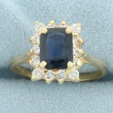 Sapphire And Diamond Halo Ring In 14k Yellow Gold