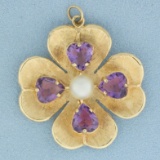 Heart Amethyst And Pearl Four Leaf Clover Pendant Or Charmin 14k Yellow Gold