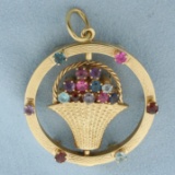Large Rotating Pearl And Gemstone Flower Bouquet Pendant In 14k Yellow Gold